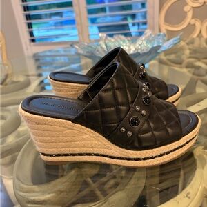 Karl Lagerfeld black leather quilted  Wedge Sandals